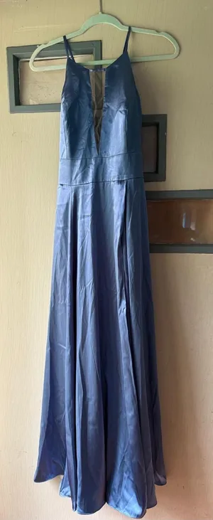 Signature Steel Blue Satin Plunge V Prom Gown thumbnail 1