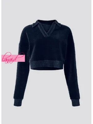 Alo Cropped Cozy Day Henley Pullover Navy V-Neck Velvet Velour Chevron Sweater S thumbnail 9