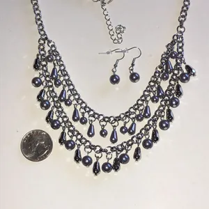 Silver Tone Light Purple Bead Multi-Strand Necklace & Earrings Set thumbnail 4