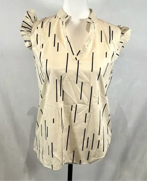 Ivory and black notched vneck short ruffle cap sleeve top size 6 thumbnail 1