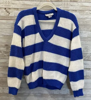 Vintage 80's‎ Toppers Womens M Sweater 100% Cotton Pullover Blue & White V-Neck thumbnail 1
