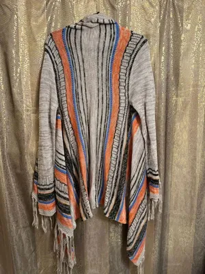 Umgee Striped Boho Fringe Hem Open Cardigan Tan Orange Black thumbnail 2