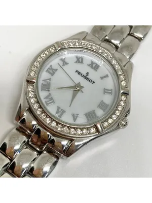 Peugeot women’s silver tone watch 31mm mop dial rhinestones quartz 7” running thumbnail 2