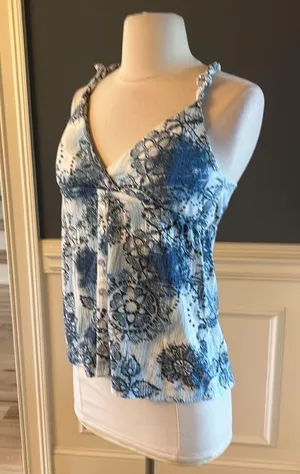 Self Esteem Tank Blue White Print Peplum Shirt Cotton Blend Medium thumbnail 5