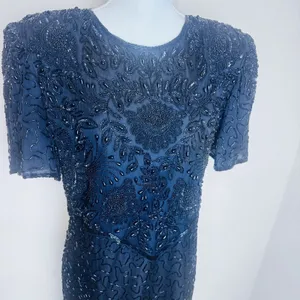 Vintage 90s Laurence Kazar Silk Dress Black fully Beaded Statement Formal XL‎ thumbnail 2