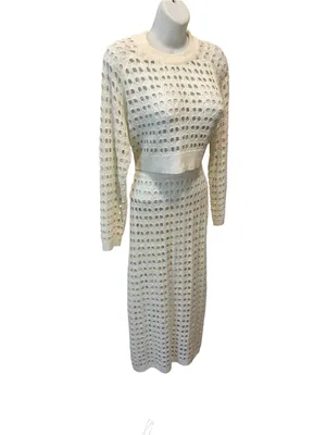 Boutique Crochet Knit Crop Top LS & Midi Pencil Skirt Ivory Open Weave Set Small thumbnail 3