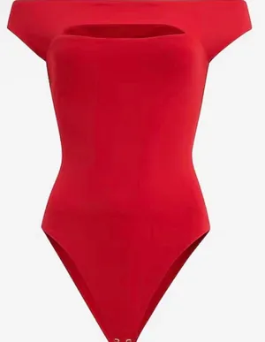 Express Red Body Contour Chest Cut Out Off Shoulder Bodysuit New With Tags Size XS thumbnail 2