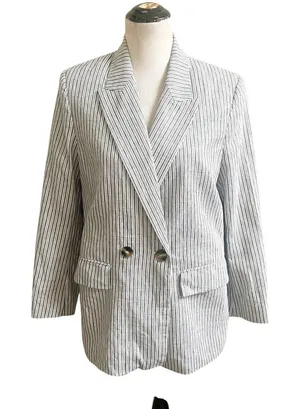 Zara Women’s Striped Linen Blend Boyfriend Blazer Size Medium Two Button Blue thumbnail 1