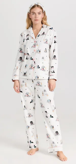 P. J. Salvage Ivory Puppy Print Flannel Long Sleeve Pajama Top and Headband Set thumbnail 1
