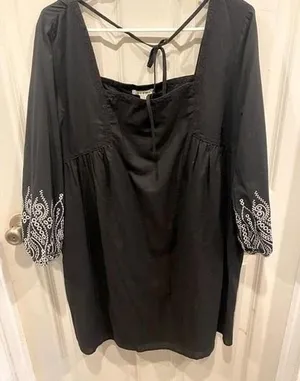 Mi Ami Women Black Embroidered Boho Babydoll Dress Square Neck Cotton‎ Large thumbnail 1