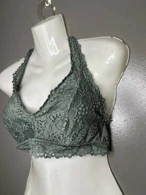 Aerie Bralette Bra Womens Medium Green Lace Wireless Halter Lined Longline thumbnail 3