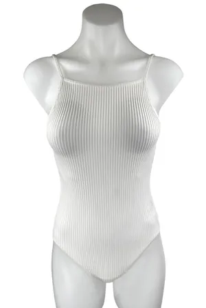 Aritzia Wilfred White Ribbed Knit Sculpt Sleeveless Open Back Bodysuit Top XS thumbnail 1