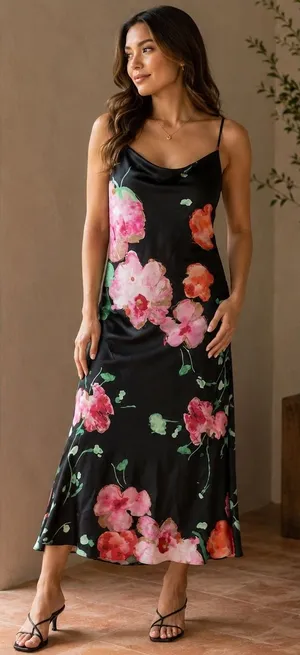 Josie Natori Silk Slip Dress Womens L Black Peony Blossom Floral Bias Cut Midi thumbnail 1