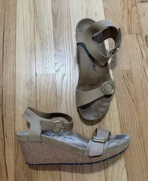 Birkenstock Papillio Soley Wedge Sandal Beige Nubuck Leather Sz 42 thumbnail 1