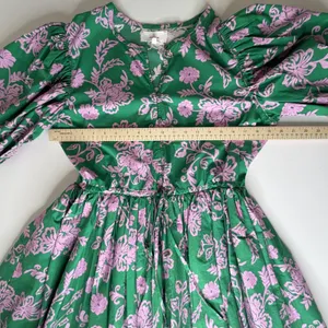 Xirena Aurie Mini Dress Large‎ Green Pink Floral Cotton Puff Sleeve Cottage Boho thumbnail 11