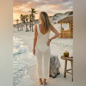 Boho Crochet Knit Maxi Cover Up Dress White Sleeveless V-Back Summer Resort thumbnail 3