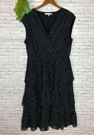 Warren Donner NY Black and White Polka Dot Tiered Midi Dress thumbnail 2