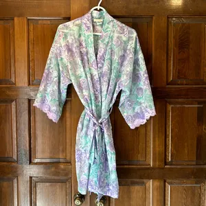 Vtg LA Intimates Robe Large Purple Green Floral Sheer Kimono Cottagecore 80s 90s thumbnail 4