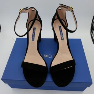 Stuart Weitzman Nearlynude Black Suede Block Heel Sandals ZW59314‎ Size 8 thumbnail 4