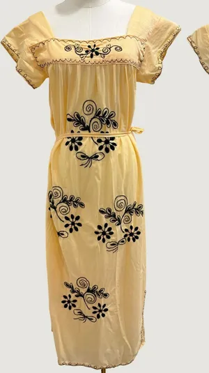 VTG 70s Butter Yellow Floral Embroidered House Dress Boho Granny Ecuador Small thumbnail 1