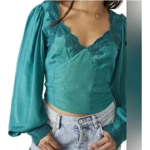 Free People Size-XL/T Women's Top Janelle Green Balloon Sleeve Lace Trim Smocked thumbnail 2