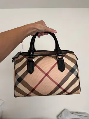 Burberry Beige Check Satchel with Black Patent Handles thumbnail 2
