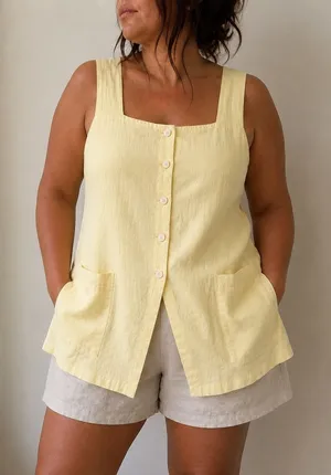 Loft Butter Yellow Linen Blend Button Front Vest Top XL Minimalist Coastal thumbnail 1