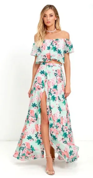 Lulus Bloom for Two Mint Floral Print Two-Piece Maxi Dress thumbnail 1