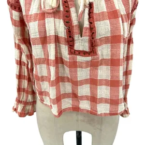 Free People Honey‎ Grove Top Pink Cream Plaid Check Size XS thumbnail 5