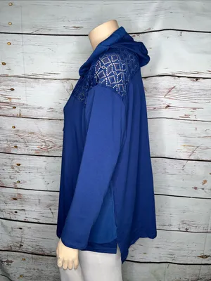 LOGO Lounge Lori Goldstein 2X Blue - Eyelet Lace Zip Front Knit Jacket w/ Hood thumbnail 7