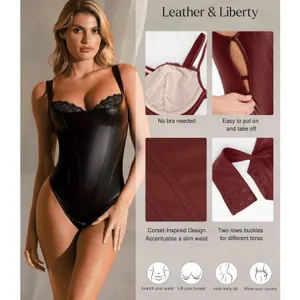 NWT Popilush Faux Leather Corset Bodysuit Deep Red Lace Tummy Control Shaper Med thumbnail 2