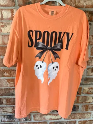 Comfort Colors Orange 'Spooky' Tee with Ghost Bow Graphic thumbnail 1