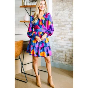 Entro Small Abstract Satin Mini Dress Women Bubble Hem and Sleeve Dance Party thumbnail 14