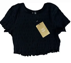 Vero Moda Black Smocked Short Sleeve Crop Top with Ruffle Edges thumbnail 1