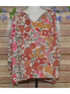 Entro Floral Blouse Womens Large 100% Rayon Boho Peasant V Neck Retro Mums thumbnail 2