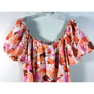 GeeGee Pink Orange Floral Smocked Puff Sleeve Tiered Mini Dress‎ 2XL thumbnail 8