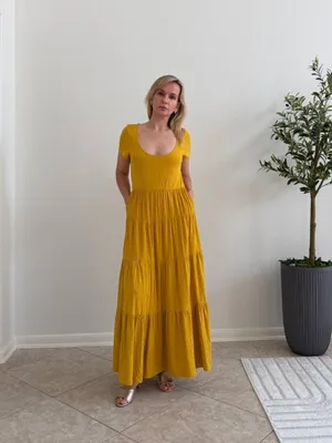 Anthropologie, Maeve, Gillian, Mustard, Tiered, Maxi Dress, Cotton, Puff Sleeve thumbnail 3
