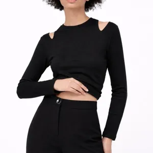 ZARA Black Cold Shoulder Cutout Crop Sweater Top Size M Goth Chic Classy thumbnail 3