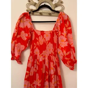 Karlie Red Pink Combo Floral Smocked Midi Dress S thumbnail 5