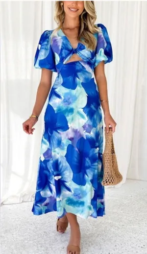 Toperth blue floral v neck twist midi dress thumbnail 1