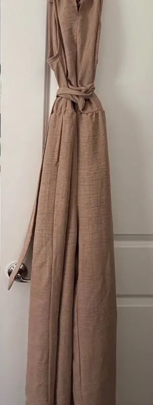Tan Women's Jumpsuit with Tie Waist thumbnail 2