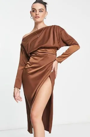 ASOS Dress Midi Brown Satin  thumbnail 1