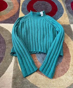 American Eagle NWT Kelly Green Chenille Ribbed Mock Neck Sweater Cropped Small thumbnail 1