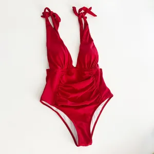 [Yolipuli] Red One Piece Convertible Swimsuit Bow Straps V-Neck Ruched Sz Large thumbnail 3