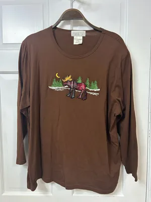Vintage Embroidered Women’s Brown Long-Sleeve Moose Graphic Tee XXL thumbnail 2