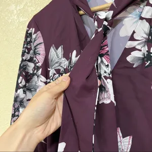 Natori Purple Floral Neck Tie Button Down Blouse thumbnail 7