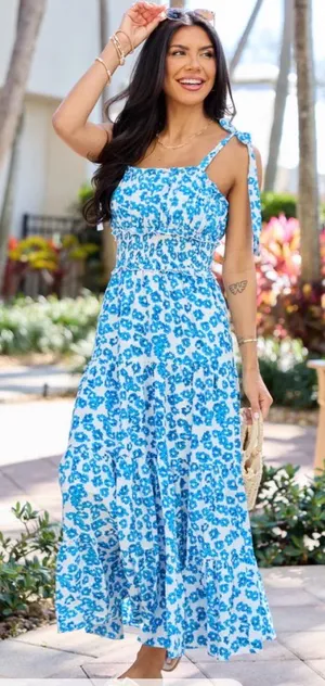 Pink Lily Blue White Floral Tie-Shoulder Maxi Dress New Sz L thumbnail 1