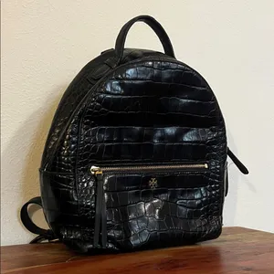 Tory Burch Croc Embossed Black Leather Mini Backpack Purse Gold Logo Casual Luxe thumbnail 2