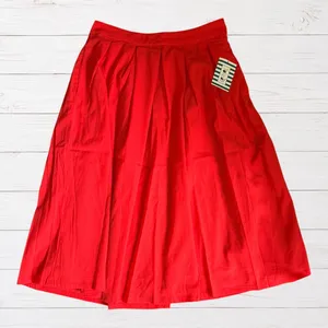 Coral Red Pleated Midi Skirt A Line Full Swing Retro Feminine Pockets L NWT thumbnail 2