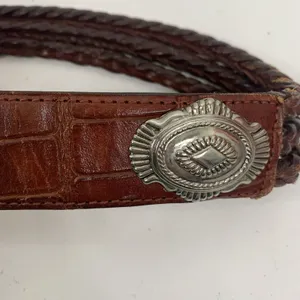 Brown‎ Leather Size M Croc Embossed Braided Belt Silver Tone Heavy Buckle Concho thumbnail 5